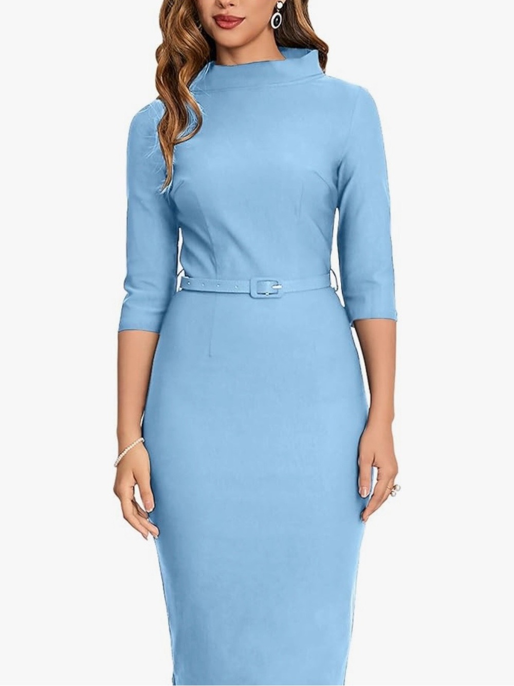Tailored Light Blue Midi Sheath Dress with Belt+ gift
